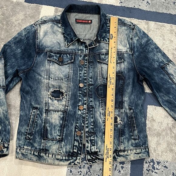 Grindhouse Denim Jacket Mens L Distressed Graffiti Paint Splatter Skull Street - Picture 3 of 12